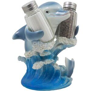 Dolphin Riding Ocean Wave Salt and Pepper Shaker Set with Figurine Holder
